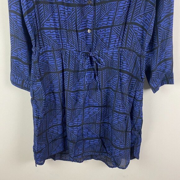 Lucky Brand Tribal Print Romper Dress Size Large Blue Long Sleeve Pockets Hi Lo - Picture 3 of 9